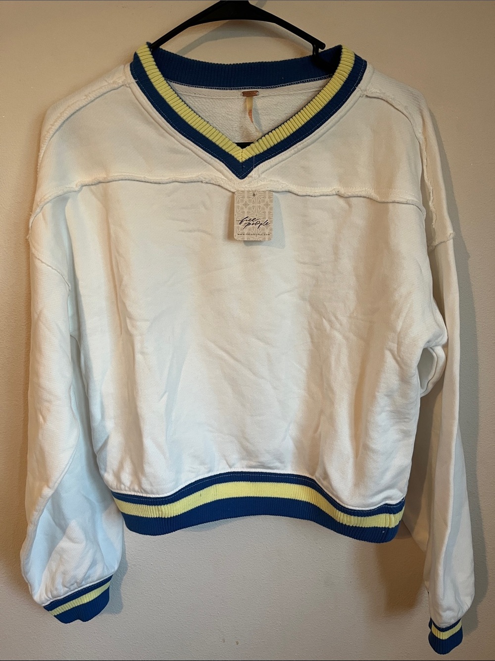 Free People White V-Neck Sweater with Blue & Yellow Stripe Trim
